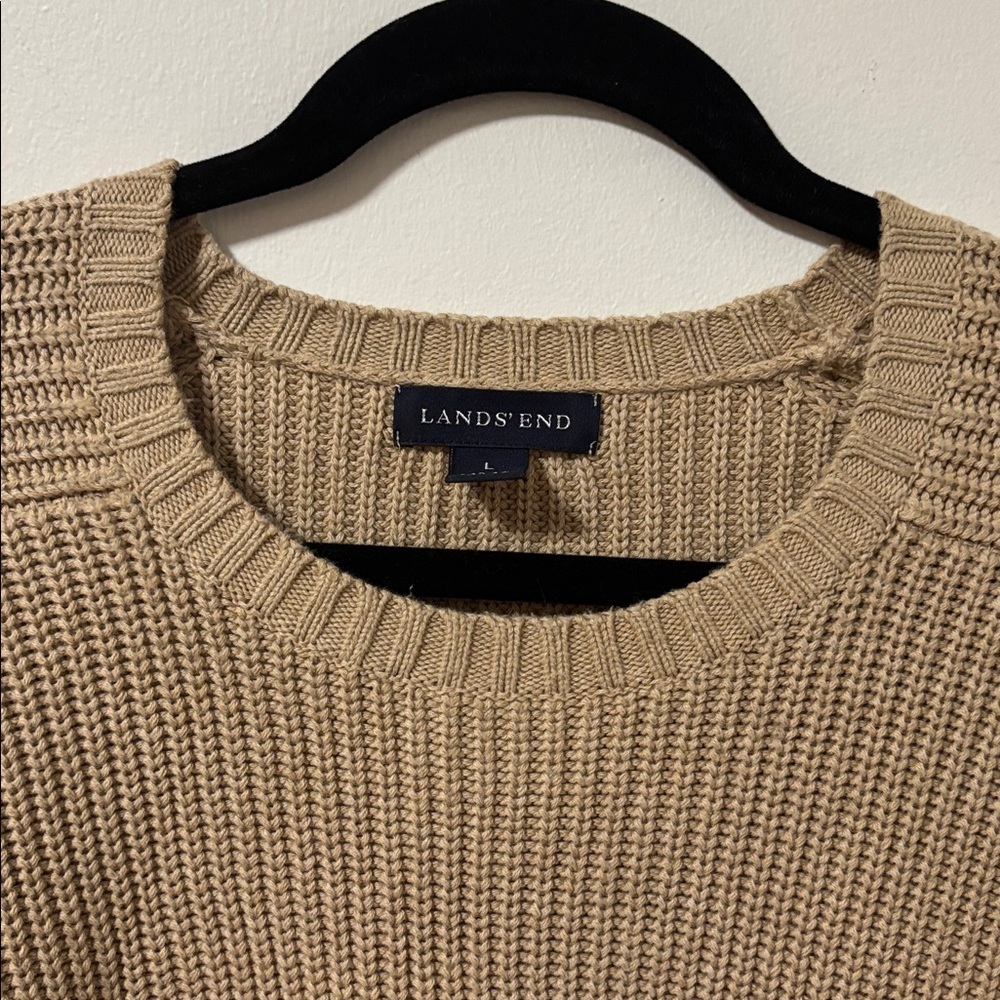 LANDS' END (L) Cotton Drifter Saddle Crewneck Shaker Sweater Tan - Picture 3 of 8